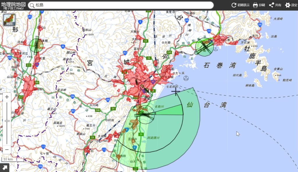 宮城県を国土地理院地図で表示。DIDと空港周辺等を表示。