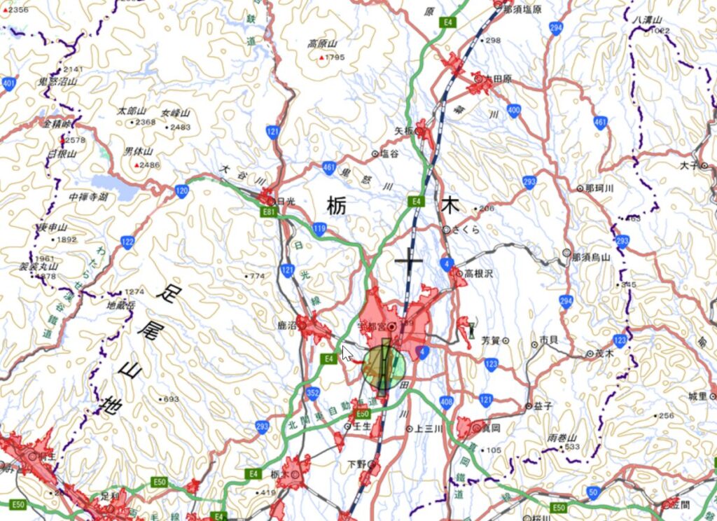 栃木県のDIDと空港周辺を国土地理院地図で表示させたもの