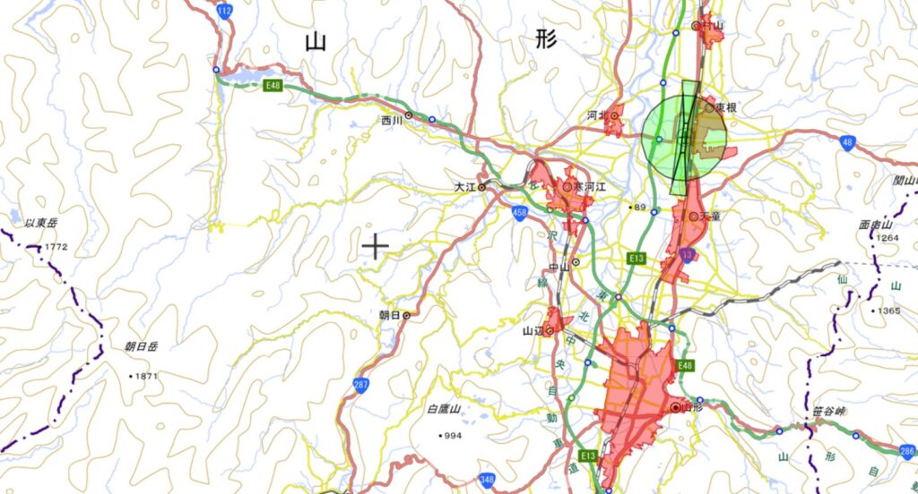 山形県の国土地理院地図でDIDと空港周辺を表示させたもの