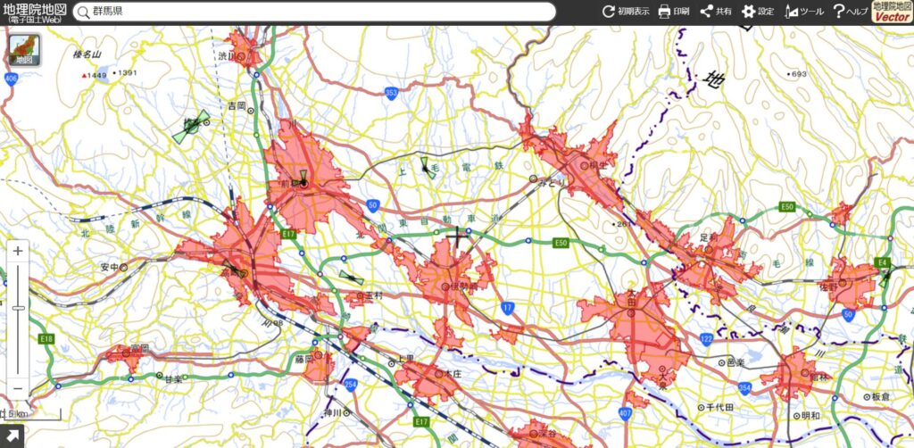群馬県の国土地理院地図。DIDと空港周辺等を表示