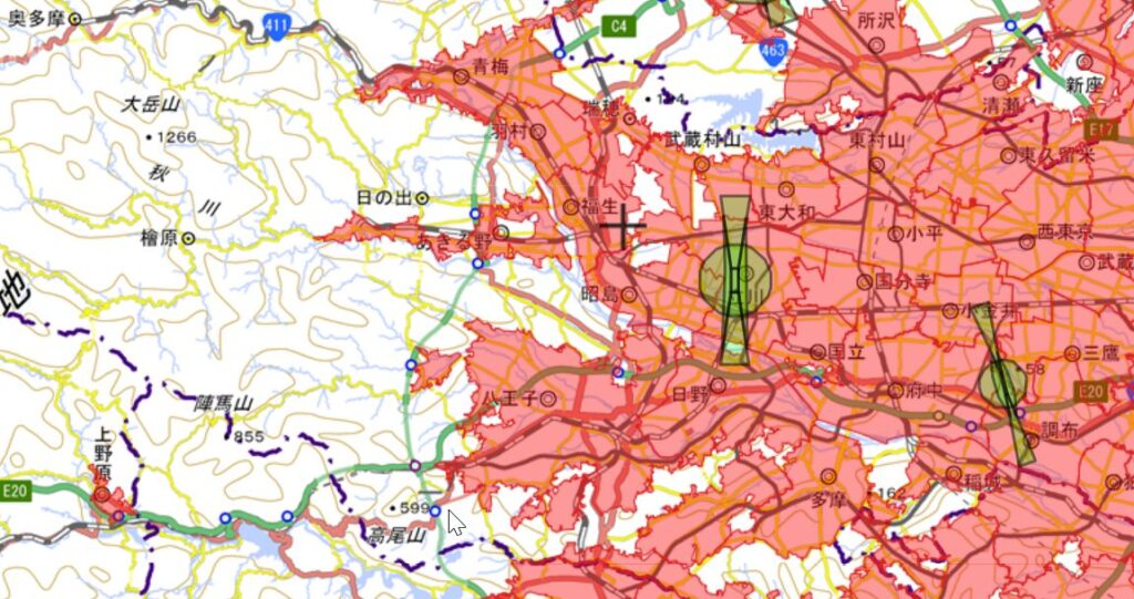 東京都八王子市、立川市、青梅市など多摩方面・西側の国土地理院地図