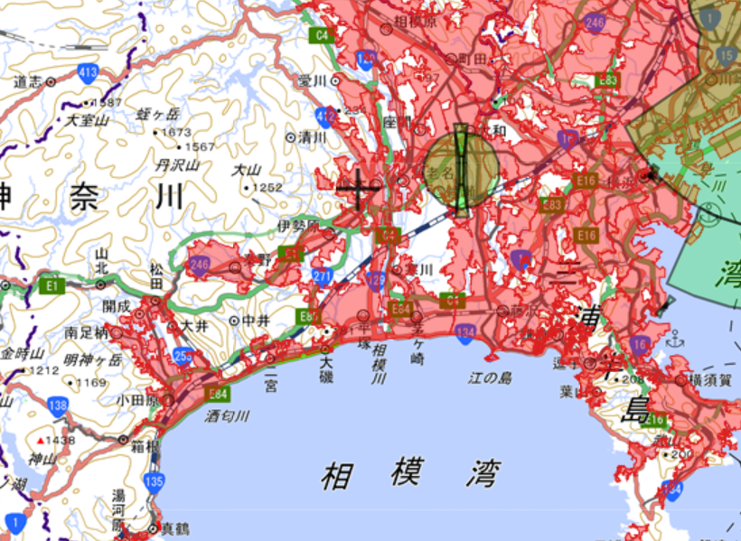 地理院地図で神奈川県内のDIDを表示